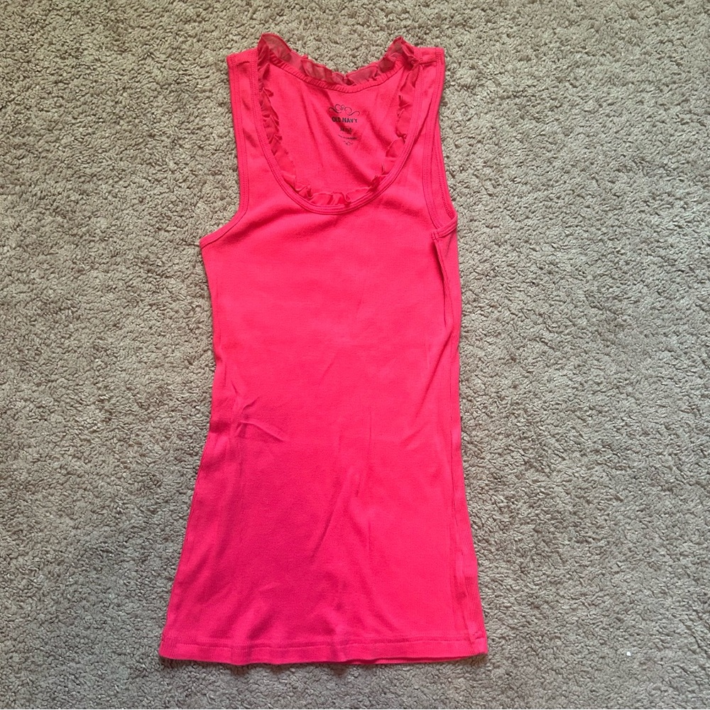 NWOT Old Navy Bright Pink Ruffle Trim Tank Top Ribbed Medium